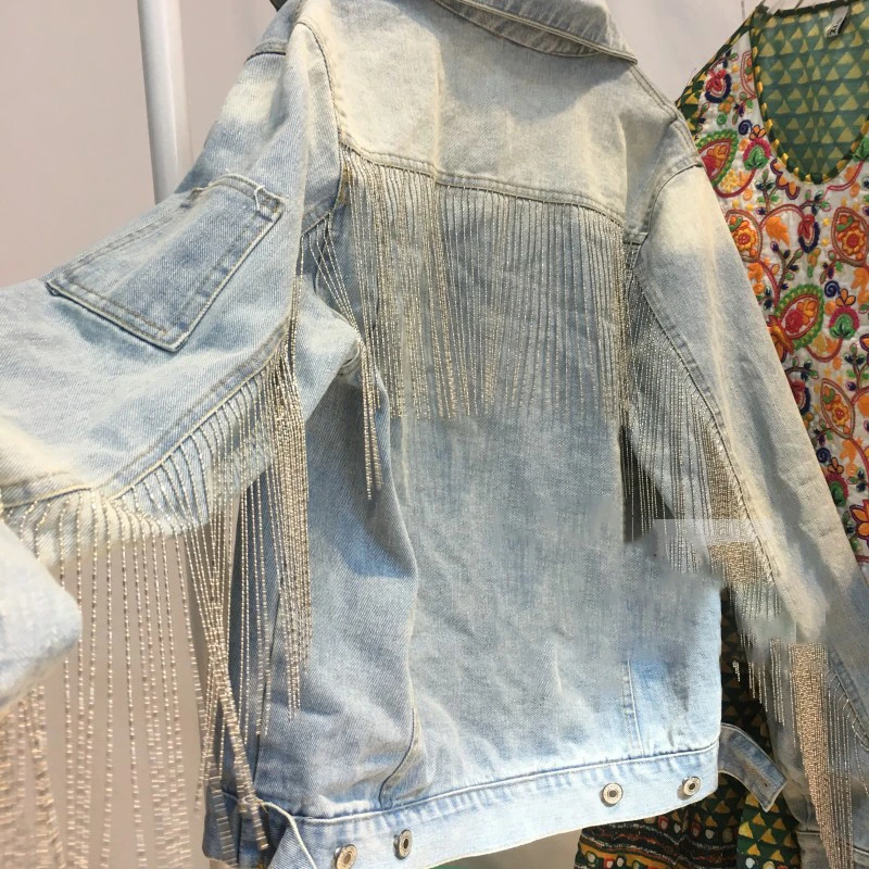 

SHENGPALAE 2021 Spring High Quality Denim Jackets Rhinestone Chain Tassels Personality Cut Wash Cowboy Loose Coat Woman FS720