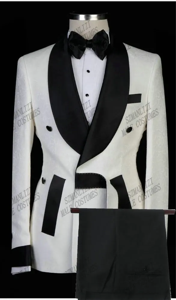 Fashion Design White Paisley Jacket Pant Double Breasted Party Men Suit Slim Fit Groom Tuxedo Mens Wedding Suits Best Man Blazer