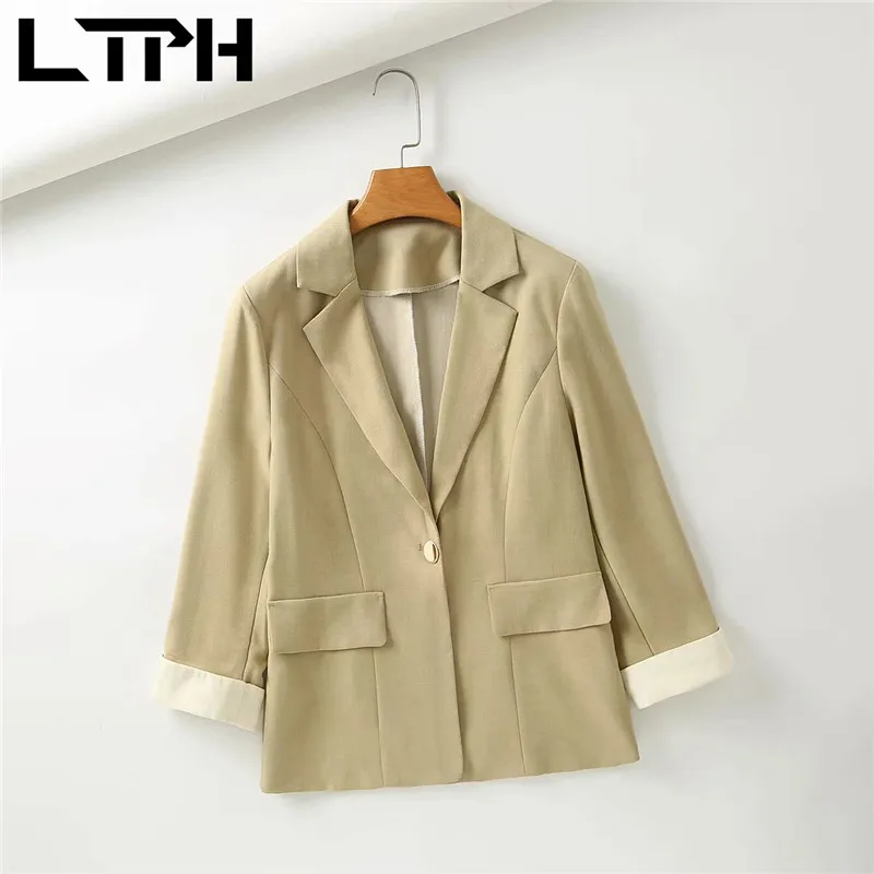 LTPH-Chaqueta de estilo clásico para mujer, blazer femenino con manga rizada y un solo botón, chaqueta informal que combina con todo, chaqueta fina para mujer, novedad de verano 2021