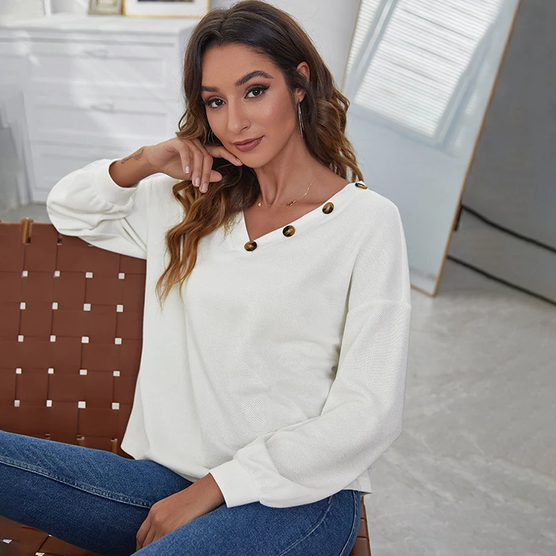 

MIOFAR Autumn Women T-Shirts Long Sleeve V-Neck Button Loose Knitting Tee Shirt Casual Solid Tops Women's Clothing