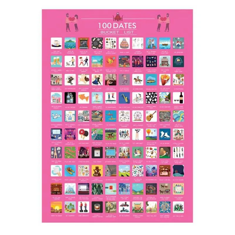 

100 Dates Scratch Off Poster Dating List Wall Sticker Couple Valentine's Day Gift for Lovers Decoration Home Unframed