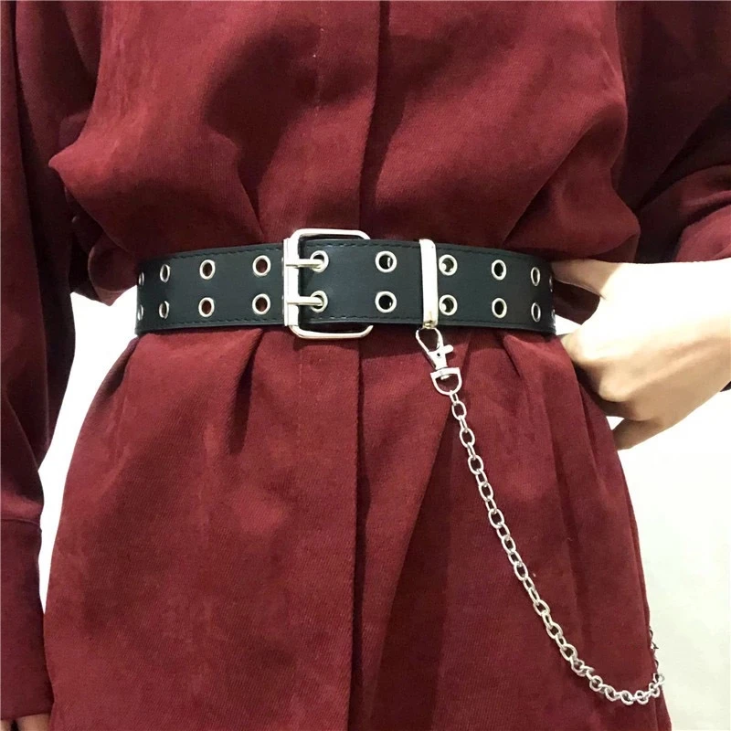 

Women Punk Chain Fashion Belt Adjustable Double/Single Row Hole Eyelet Waistband with Eyelet Chain Decorative Belts 2020 New
