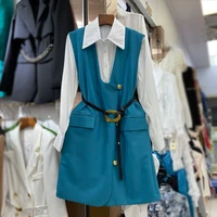 autumn new ol twinset suit dress women elegant basic shirt belted waist tank dress 2 pieces dress set