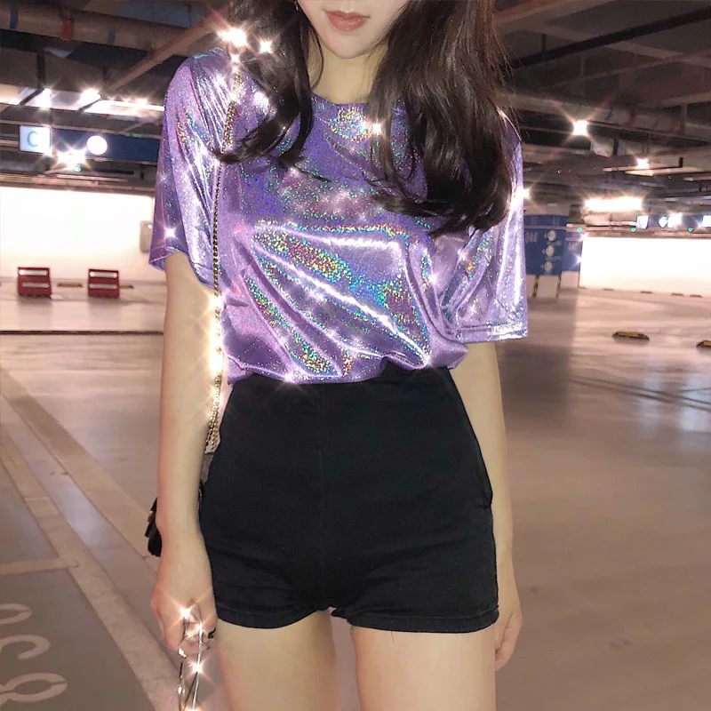 

summer stylish bright silk woman tops shiny loose short sleeve t-shirt sexy club aesthetic harajuku women tshirt