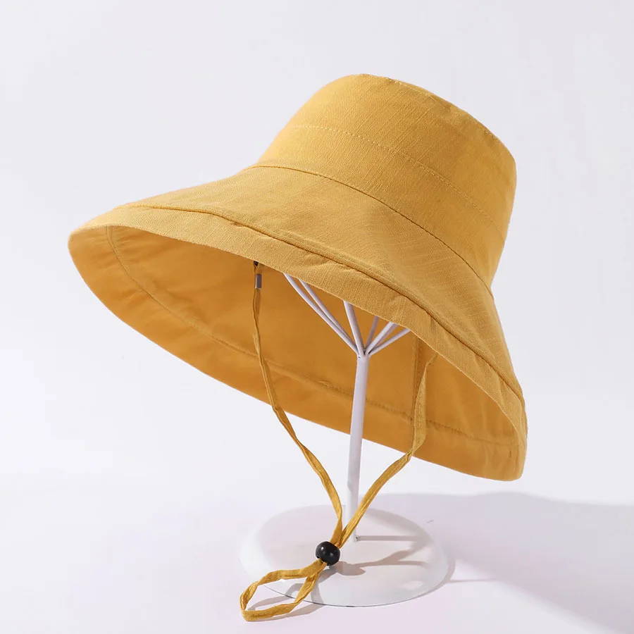 

COKK Bucket Hat Women Summer Spring Big Brim Sun Hat Fisherman Cap Korean Sunshade Windproof Rope Gorro Solid Color Sun Protect