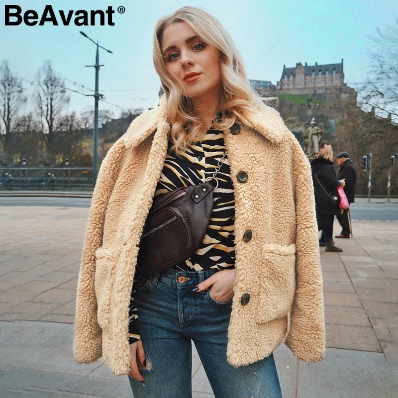 

BeAvant Elegant pink faux fur coat women Soft autumn winter female jacket warm coats Long sleeve teddy outwear ladies jackets