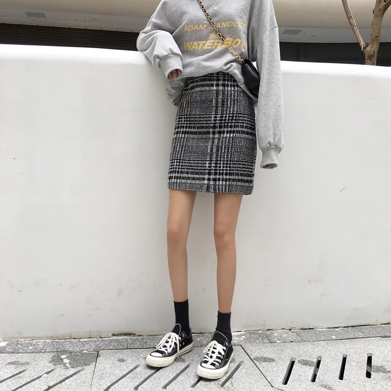 Thicken Vintage High Waist Pink Wool Autumn Winter Skirt Female Korean Sweet Mini Plaid Falda Mujer A Line School Women Skirts