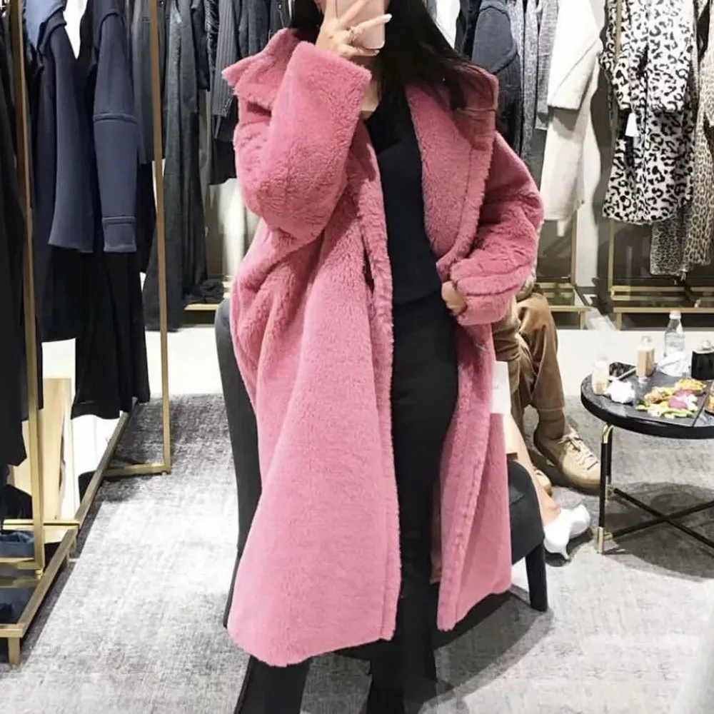 Плюшевый медведь длинное пальто женское зимнее размера плюс флис хаки уличная