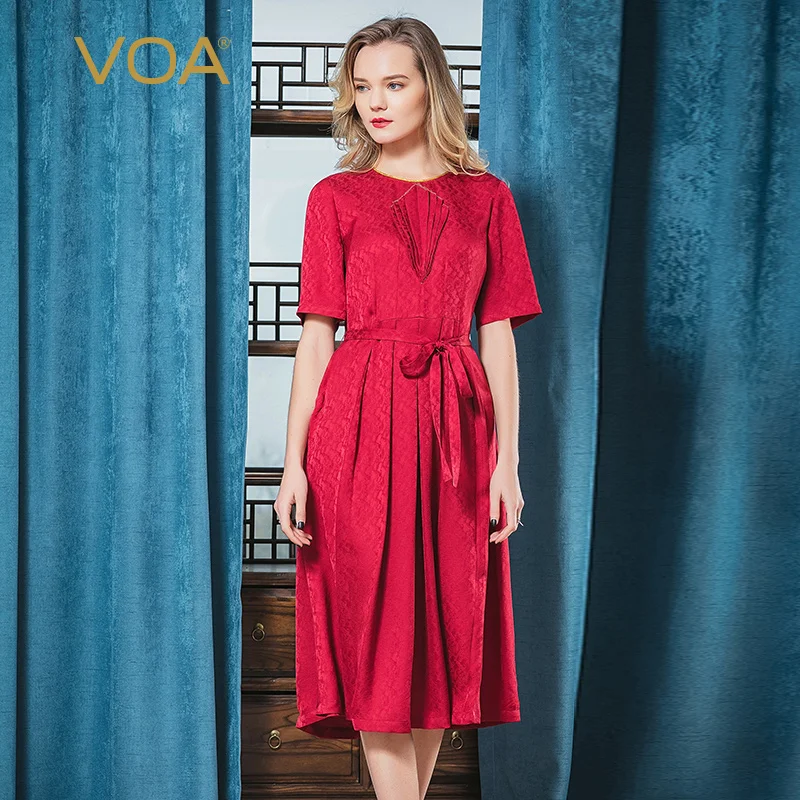 VOA 22 момме шелковое жаккардовое летнее платье круглый вырез веерообразные