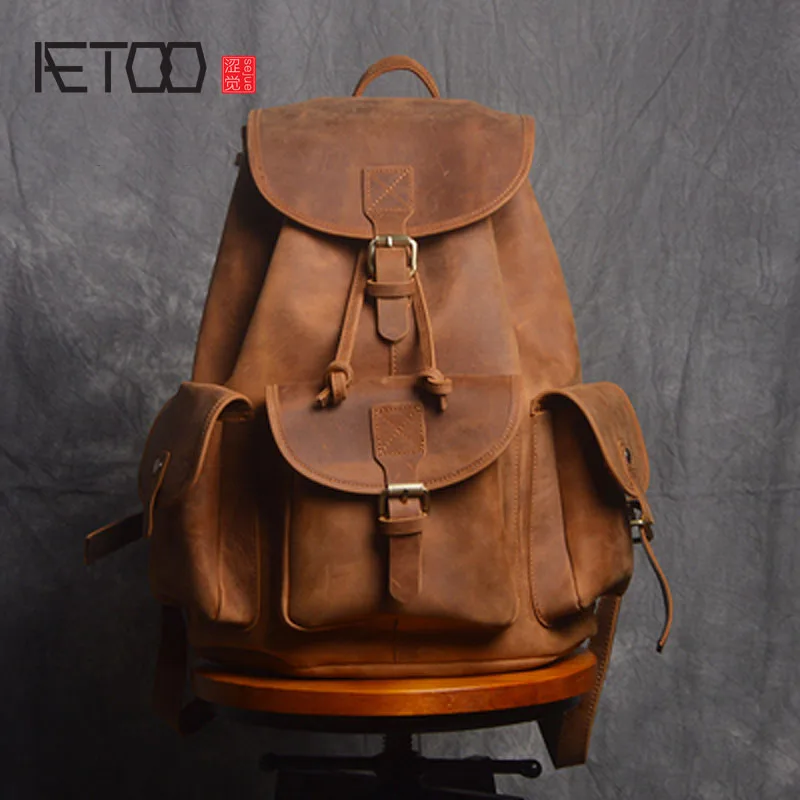 AETOO Retro Shoulder Bag Genuine Handmade Men Women Casual Travel Backpack Large Capacity First Layer Leather
