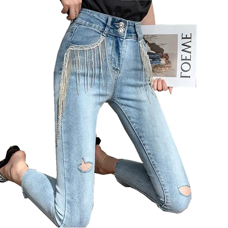 

Korean Skinny Pencil Jeans Women High Waist Fashion Diamond Tassel Hole Stretch Denim Pants Pantalones De Mujer s1253