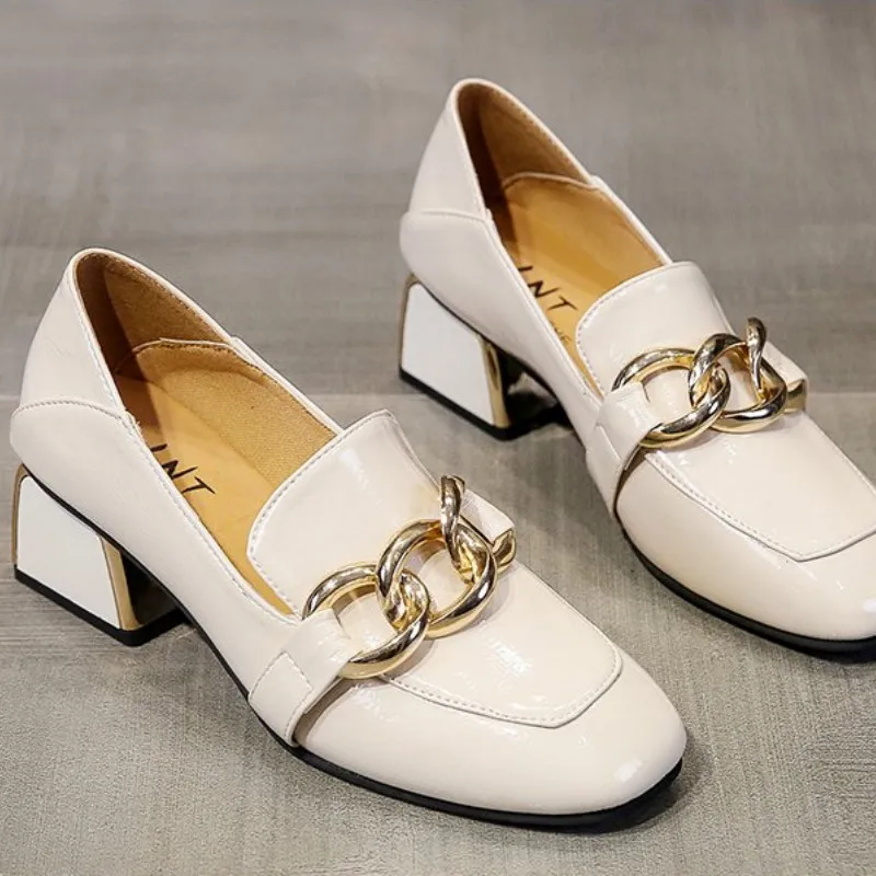 

Fashion Women's Shoes Metal Chain Leather Casual Vulcanize Square Toe Slip-On 2021 Spring Autumn New Plus Size 36-42 Zapatos