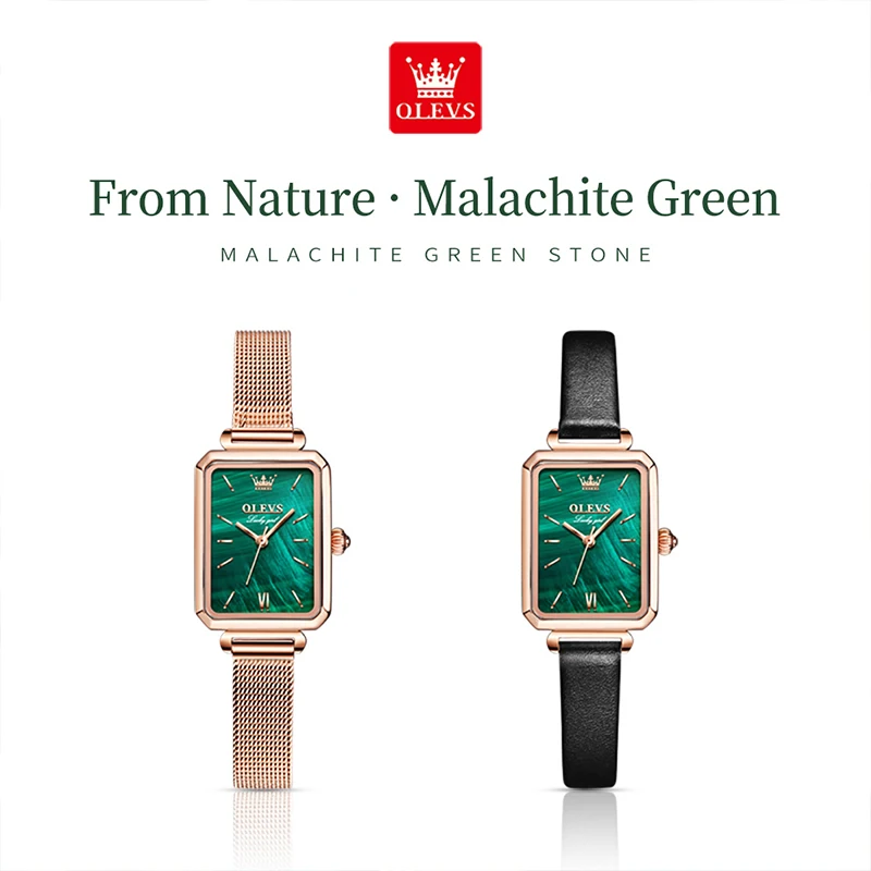 OLEVS Women Watch Fashion Square Women Quartz Watch Green Dial Simple Rose Gold Mesh Strap Luxury Womens Watches Waterproof 6624