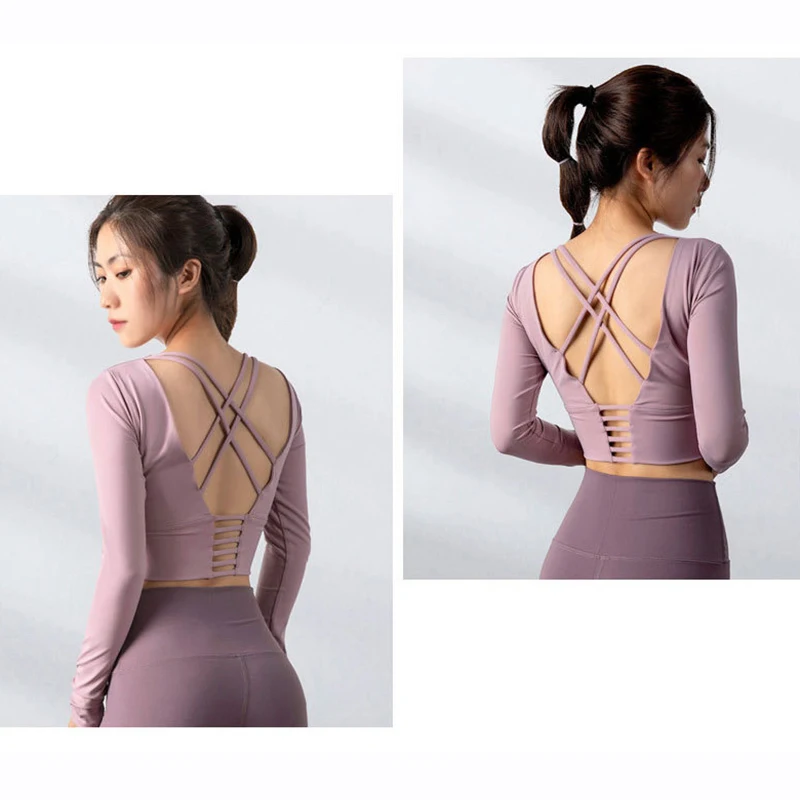 

Women's Padded Sports Top Long Sleeve Strappy Backless Workout Tops with Thumb Hole A7