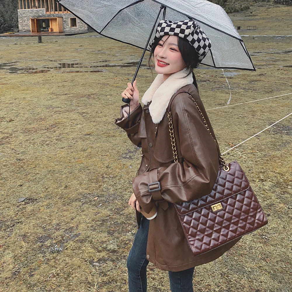 WQJGR Faux Fur Coat Oversize Lambswoo Full Sleeve Turn-down Collor Brown PU Winter Jacket Women Casual 2022