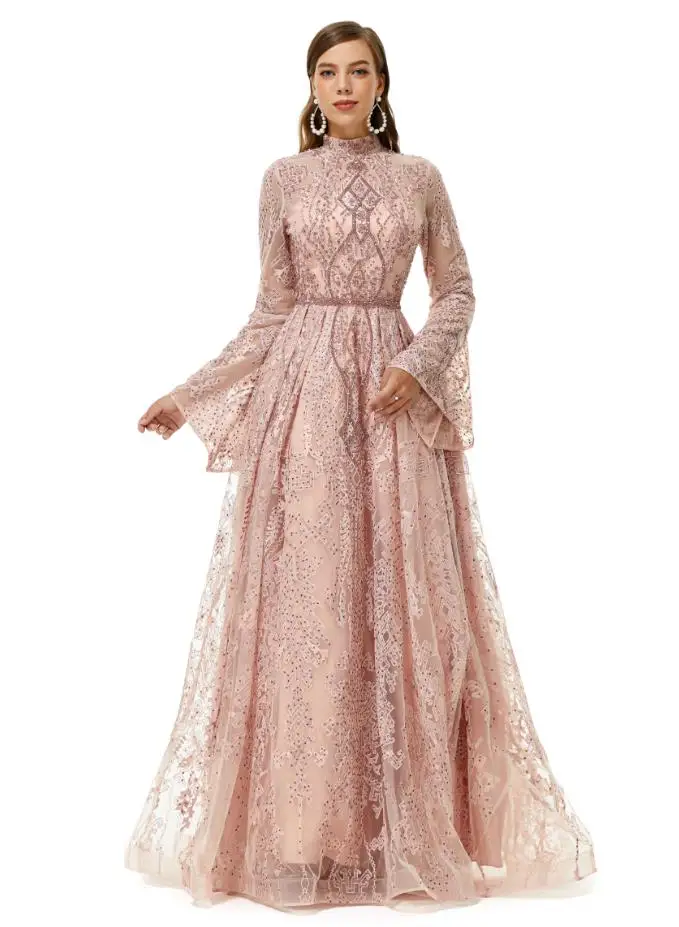 

Blush Pink Lace Beaded Prom Dresses Robe de soirée Femme Long Sleeve Real Image High Neck Muslim Aso Ebi Evening Dress wz05