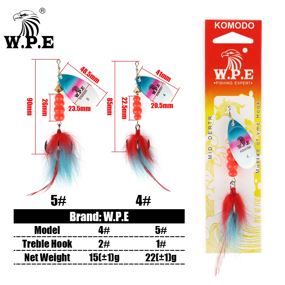 W.P.E KOMODO Spinner Lure 15g/22g 1pcs Hard Bait Spoon Lure Feather Treble Hook Metal Fishing Lure Crankbait Bass Lure Wobblers