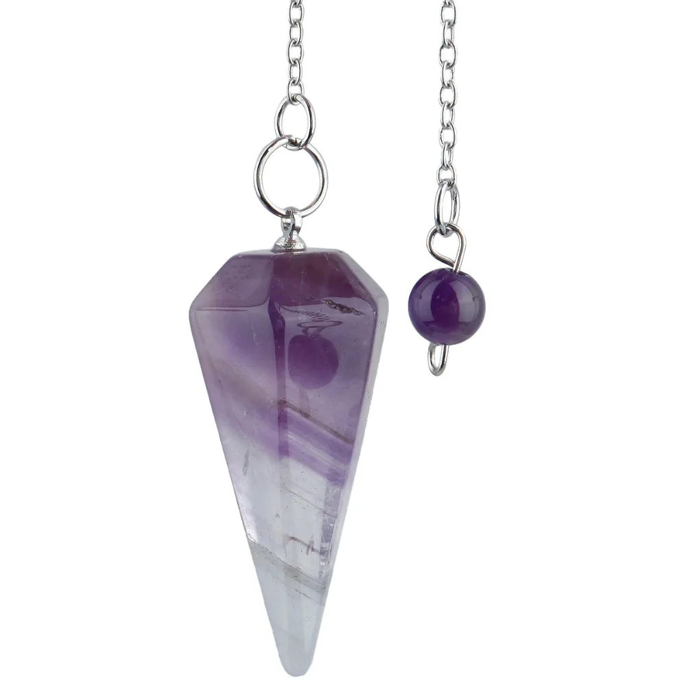 

SUNYIK Crystal Gem Stone Hexagonal Pointed Dowsing Healing Reiki Chakra Pendant Pendulum Chain For Women