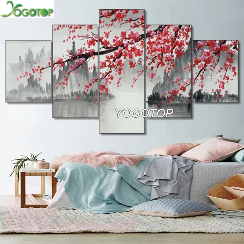 

Пазл для алмазной живописи с цветами сливы, 5D, полная мозаика, алмазная вышивка, домашний декор, 5 шт., озеро YY1196