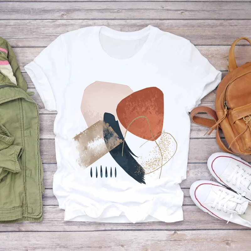 

T Shirt Women O-neck Short Sleeve White T-shirt Female Geometric Graphic Print TShirts Lady Tees Harajuku 90s Casual Soft Tops