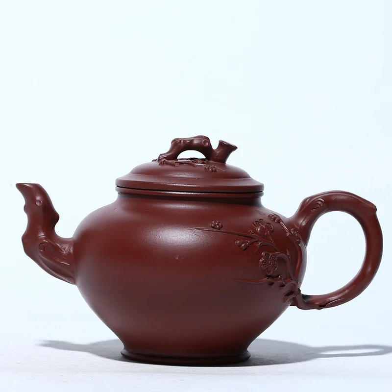 

Yixing Dark-red Enameled Pottery Teapot Raw Ore Bright Red Robe Plum Blossom Report Kettle Manual Applique Classic Old Fund Tea