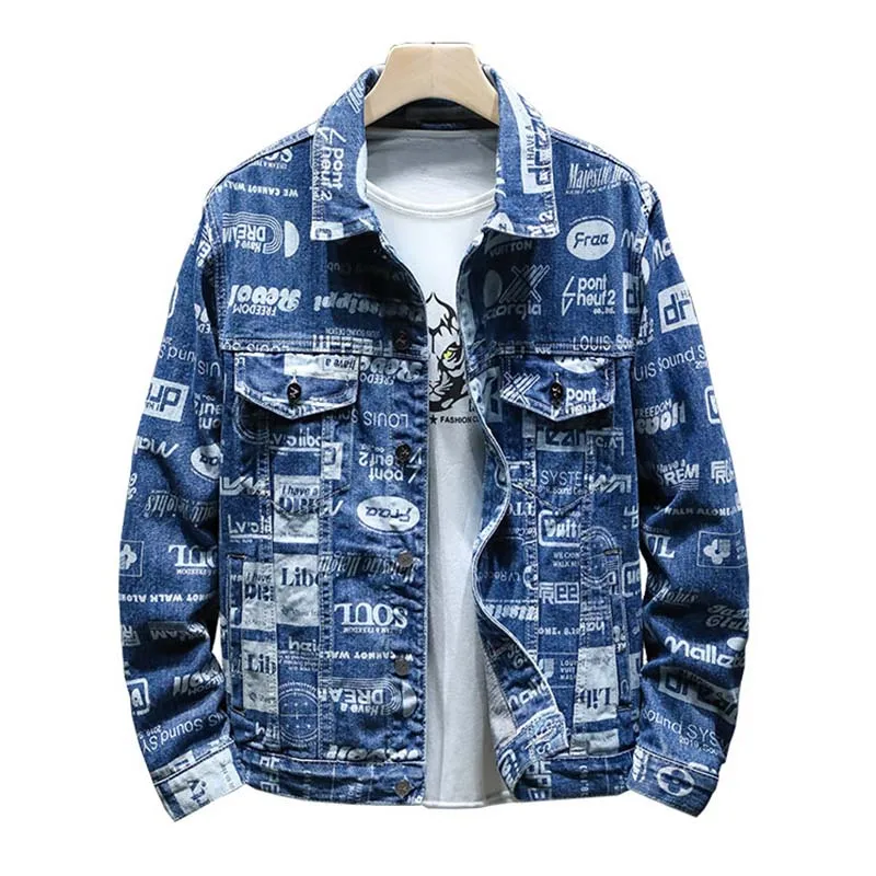 

Fashion Men Hip Hop Printed Biker Denim Jackets Letter Painted Streetwear Cotton Jeans Jackets For Male Washed Blue
