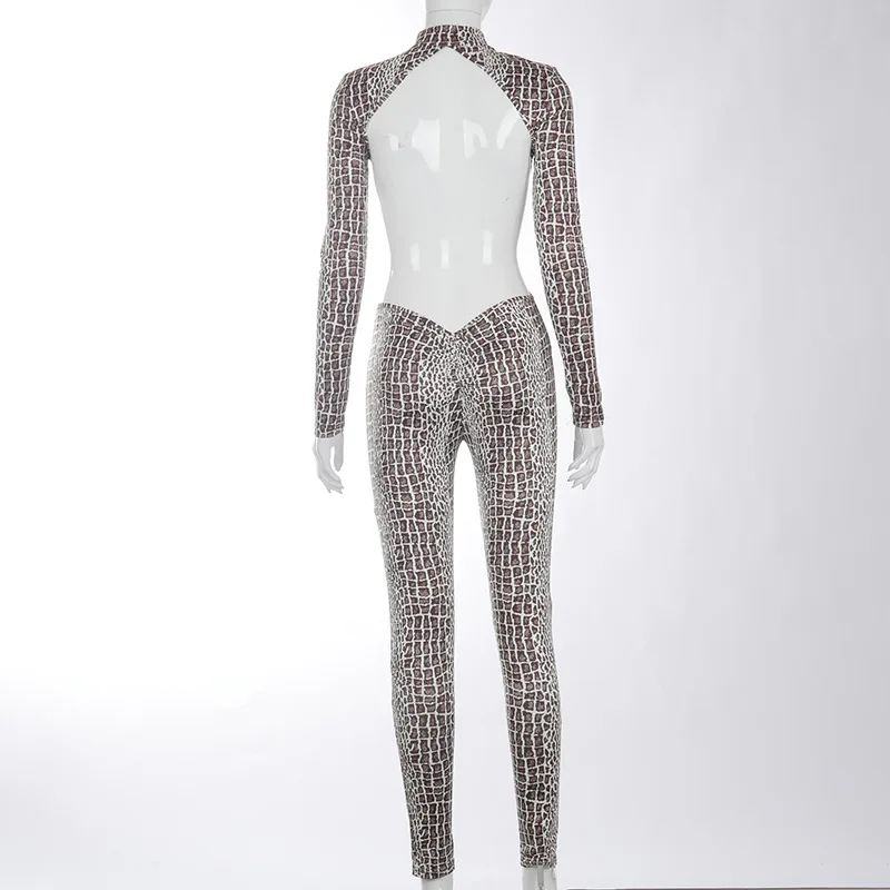

Sexy Zipper V Neck Backless Body Romper Women Jumpsuit Serpentine Print Turtleneck Pants Bodycon Club Party Jumpsuit Overalls