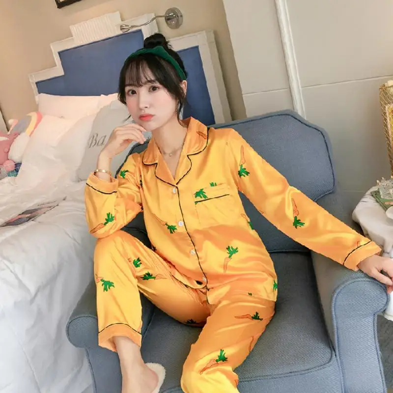 

Women Fashion Casual Lapel Ice Silk Long Sleeve Pants Printed Pajama Set