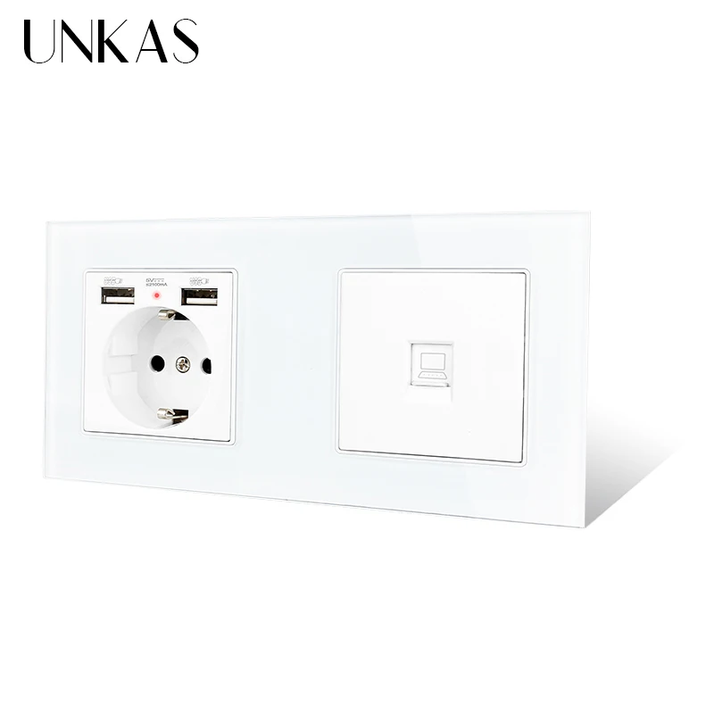 UNKAS электрическая розетка со стеклянной панелью европейского стандарта с 2 USB + 1