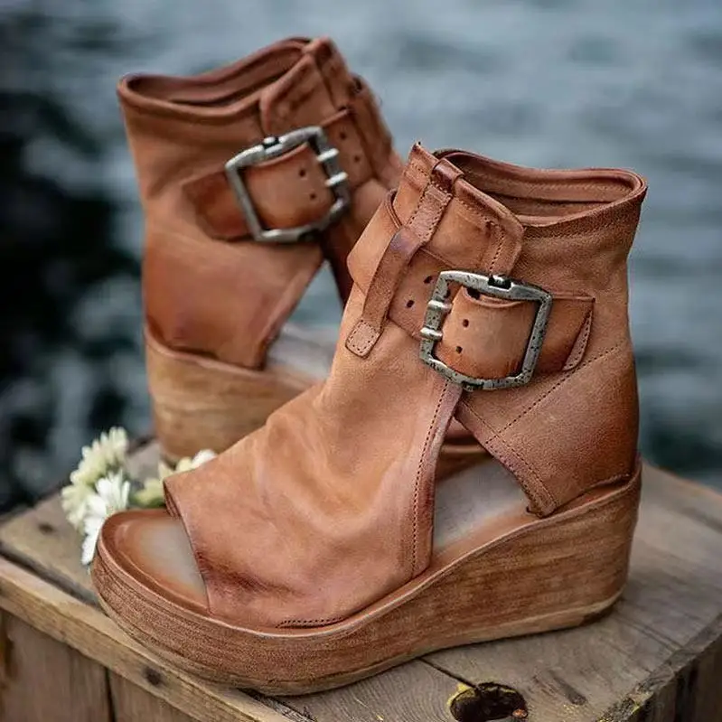

2022 New Flat Bottom summer Ankle boots Women's wedge sandals belt Buckle Roman shoes Women Open Toe summer boots