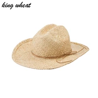 king wheat 2022 spring summer straw tether hand woven raffia women sun hat outdoor travel beach sunscreen wide eaves jazz cap