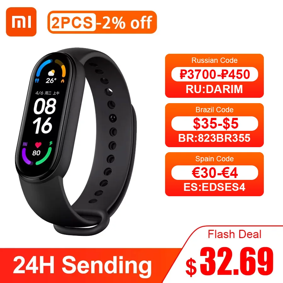 Фитнес-трекер Xiaomi Mi Band 6 водонепроницаемый смарт-браслет с AMOLED экраном 5 цветов