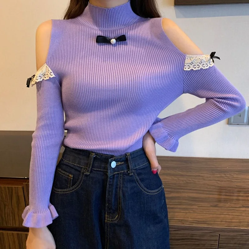 

Autumn And Winter Sweet And Cool Gentle Wind Ladies Sweater Pullover Flared Sleeve Off-shoulder Sweater