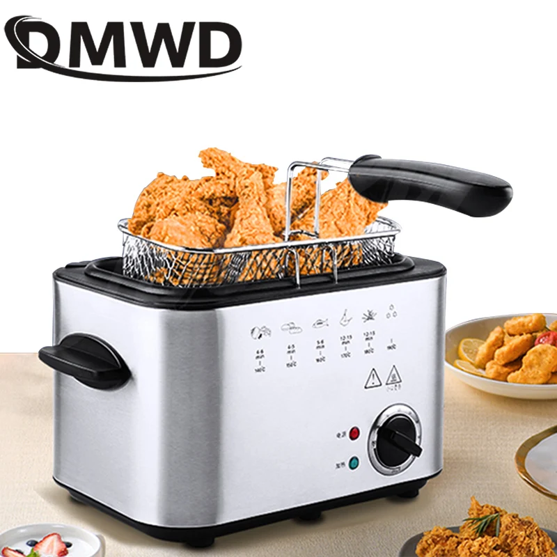 DMWD Stainless Steel Single Tank 1.5L Electric Deep Fryer Smokeless French Fries Chicken Frying Pot Grill Mini Hotpot Oven EU US