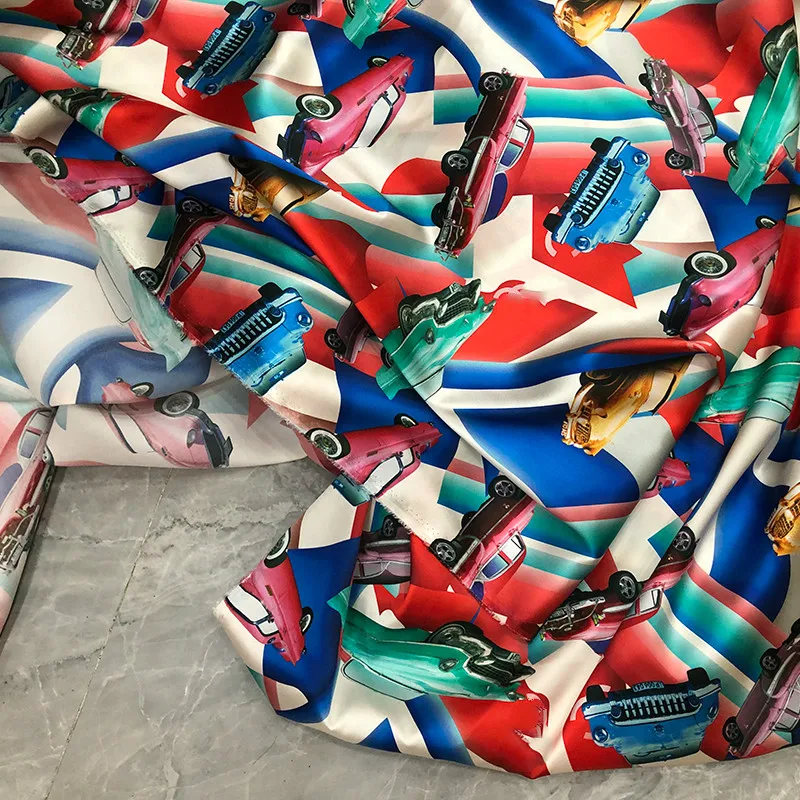 Эластичная атласная ткань на метр материал с принтом для платья одежды шитья