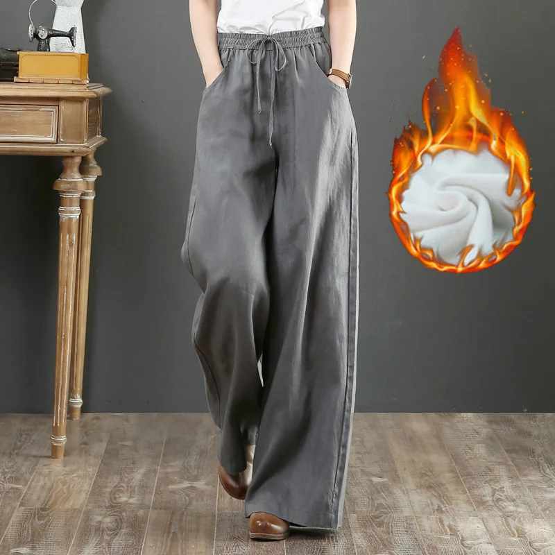 

Women's Wide Trousers Plus Velvet Thickening Cotton and Linen Loose Warm Pants for Women Winter Solid Lacing Linen Women's Pants