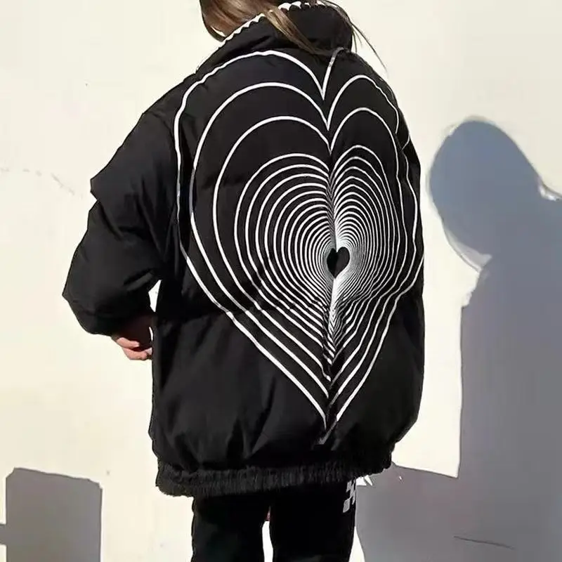 Plus Velvet Thick Thick Down Jacket Autumn and Winter New Retro Loose Simple Letter Printing Solid Color Cardigan Down Jacket