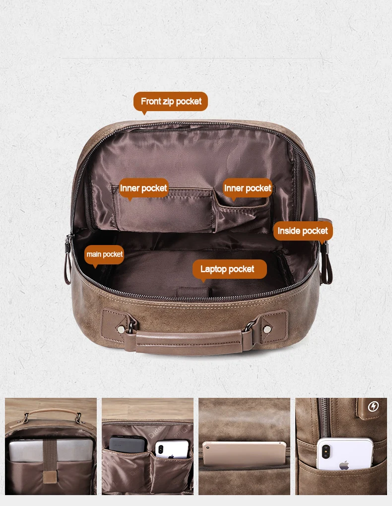 Мужской рюкзак для ноутбука DIDE с usb зарядным портом Mochila, винтажный повседневный рюкзак для путешествий, сумка для мужчин, школьный водонепроницаемый рюкзак 15 дюймов