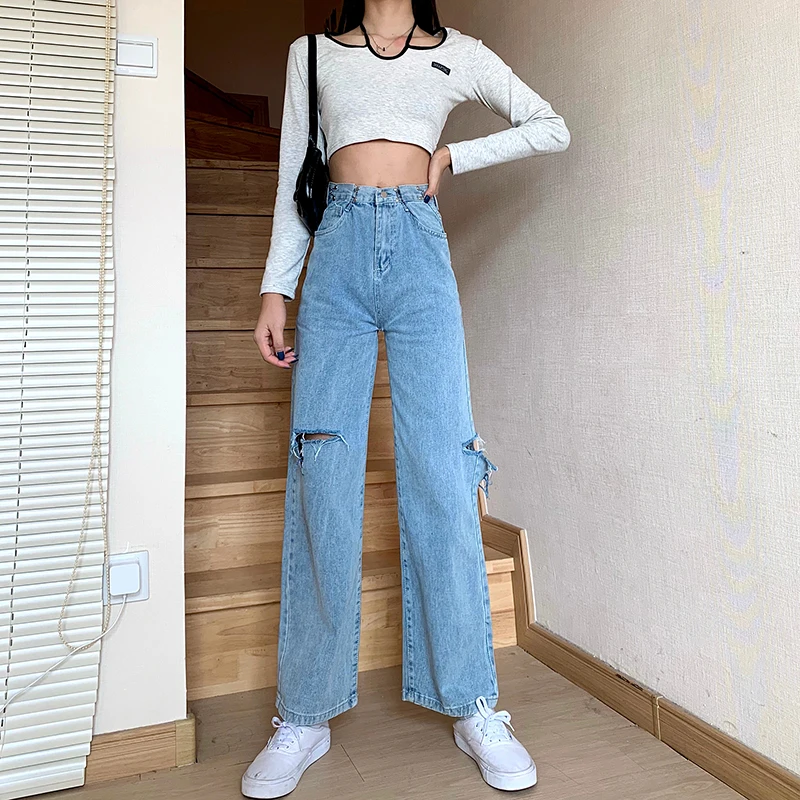 

Hole jeans women's spring and summer 2021 new sweet cool high waist slim straight tube loose wide leg pants