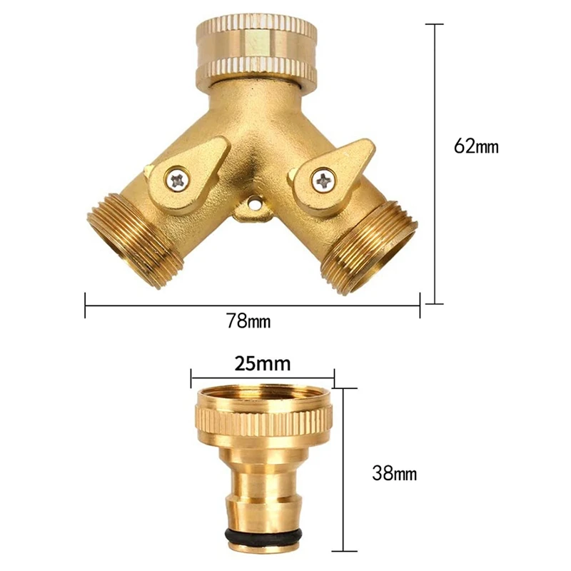 

3/4 Inch 2 Way Hose Splitter Brass Y Valve Garden Tap Connector with 2 X3/4 Inch Brass Water Tap Outside Tap Kit