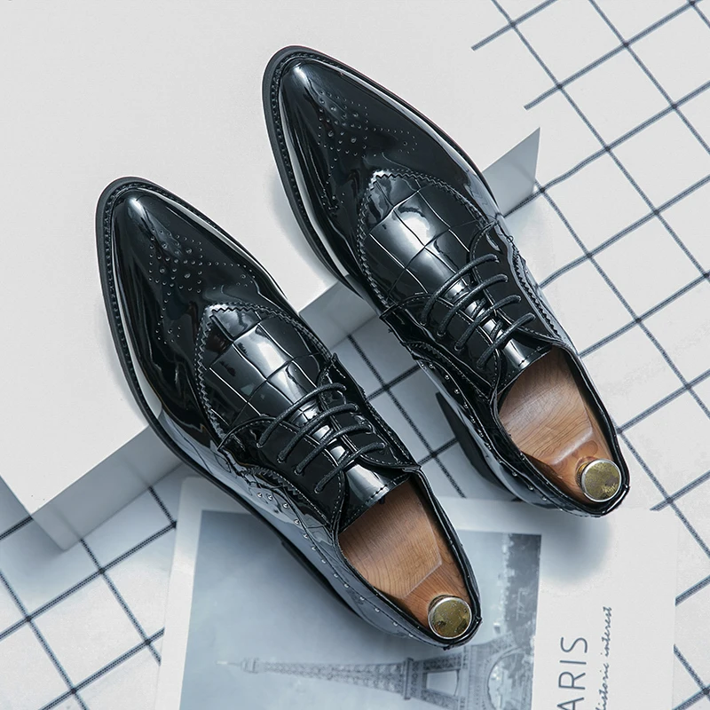 

Patent Leather Shiny Pointed Shoes Mens Genuine Leather Dress Shoes Successful Men's Business Zapatos De Vestir De Los Hombres