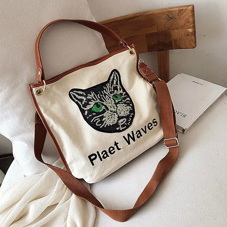 2019 Холщовая Сумка осень-зима новая &quotголова кота из мультфильма&quot одно плечо