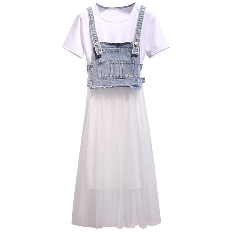 Женская длинная футболка Сетчатое платье + джинсовый топ комплект из двух