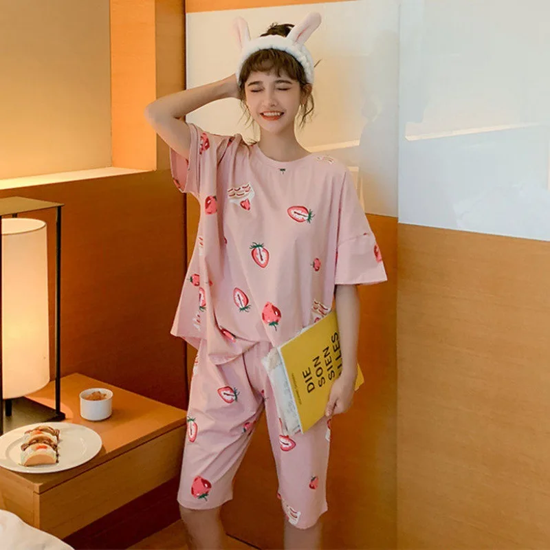 

Summer Pajamas Women's Short-Sleeved Crayon Cartoon Anime Styles Cute Geometric Patterns Breathable And Comfortable Bathing Suit