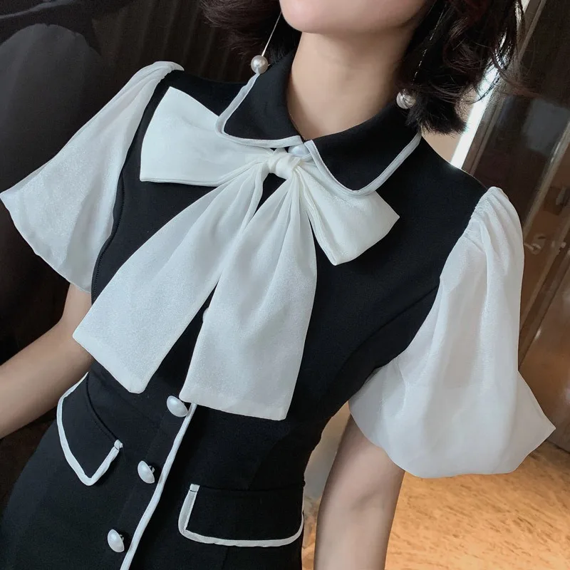 Женское винтажное вечернее платье элегантное с коротким рукавом и бантом