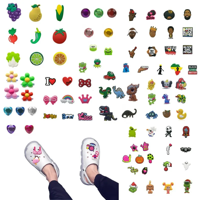 

100pcs Cute Animal Flower Fruit PVC Shoe Charms Animal Frog Dinosaur Clog Accessories Casual Food BLM Garden Sandal Decorations