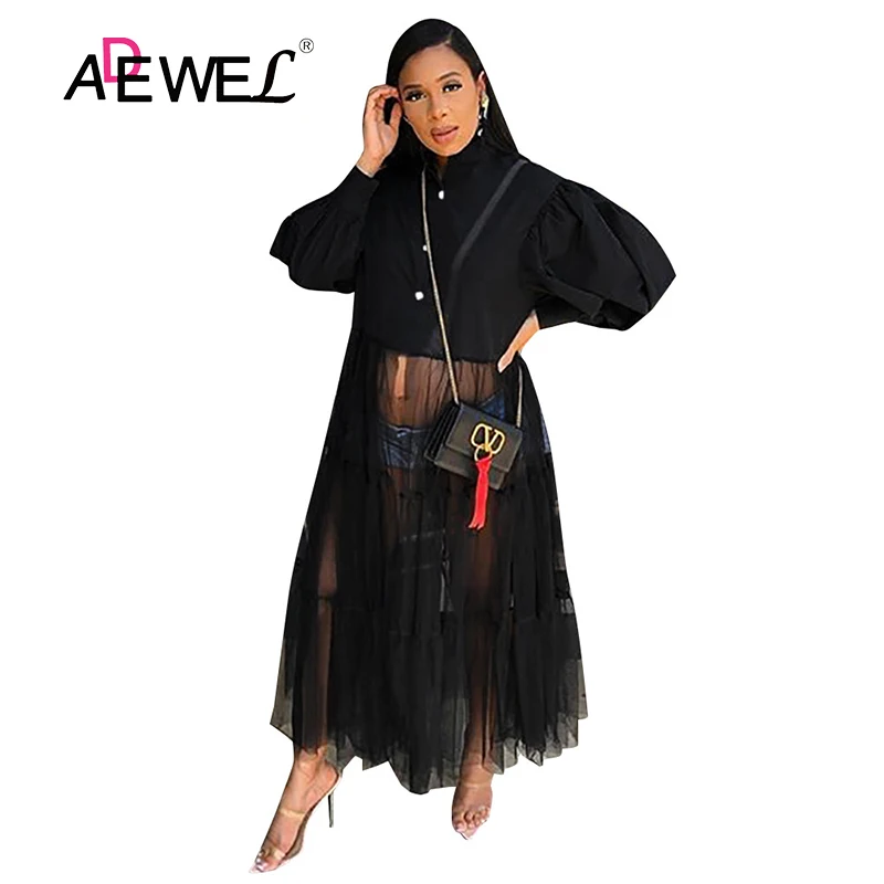 

ADEWEL 2020 Autumn Solid Color Single Breasted Lantern Sleeve Round Neck Shirt Dress Hem Mesh Stitching Women Kobieta Sukienka