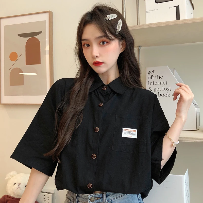 

Шифоновые свободные женские рубашки, Новые повседневные блузы с коротким рукавом, модная блузка, Однотонная рубашка с воротником-поло, руба...