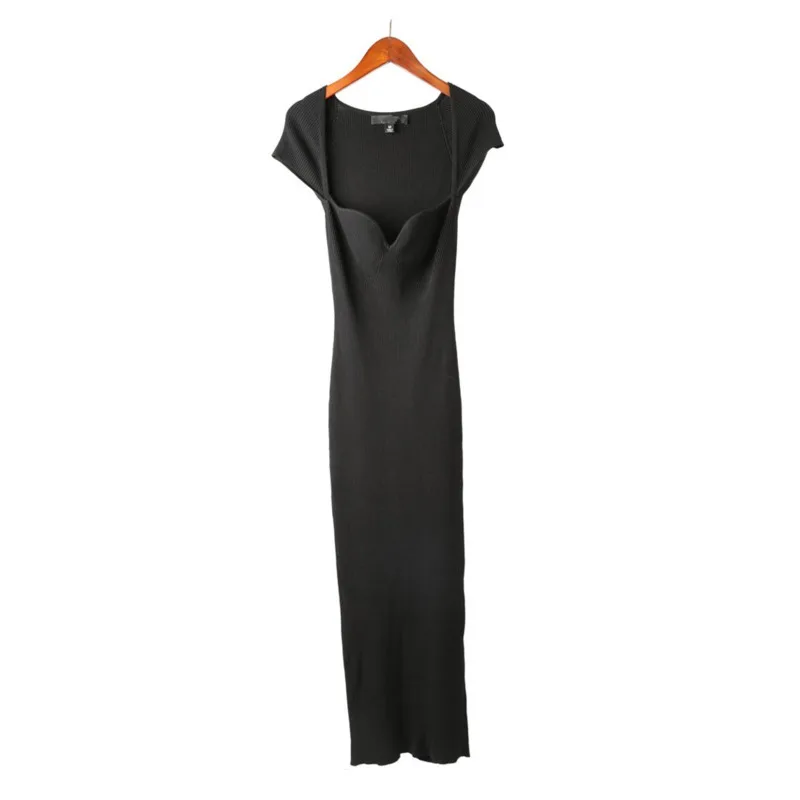 

Korean Slim White Black Split Long Sweater Dress Women Square Collar Short Sleeve Sexy Knitting Dress Female Fashion Summer 2021