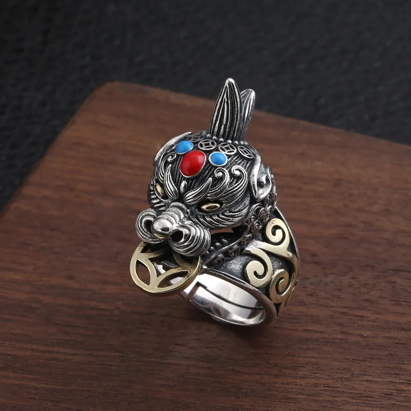 Регулируемое кольцо Pixiu для мужчин серебряного цвета Панк инкрустированное